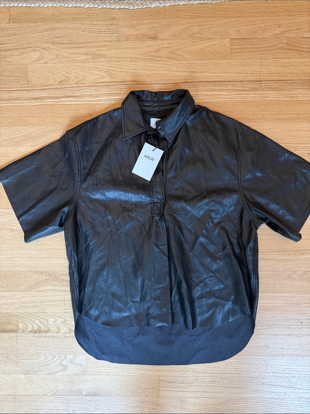 Agolde Black Faux Leather Short-Sleeve Polo Blouse